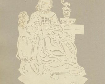 May include: A paper cut-out showing a seated figure with a long beard and a child. The figures are dressed in detailed clothing, with a table and decorative vase nearby. The artwork is in a neutral colour palette, with intricate cut details.
