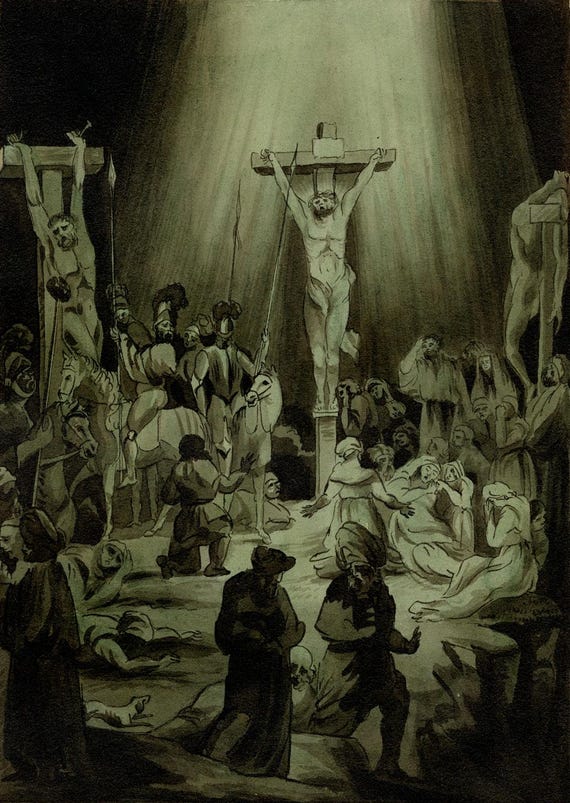 The Three Crosses After Rembrandt Watercolour Painting 1833 R.J.