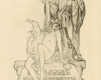 Franz von Bayros Etching c.1910s Vienna Secession Ex Libris Bookplate F. Winter