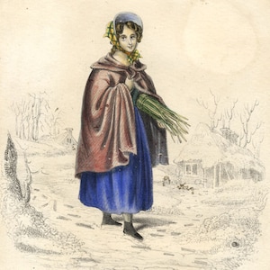 Peasant Girl with Firewood – 19th-century hand-coloured lithograph print