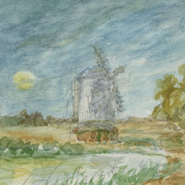 Robert J. Gedge, Windmill by Moonlight, Norfolk – c.1930s miniature watercolour