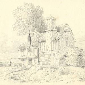 Half-timbered House on the Coast – Original c.1838 graphite drawing