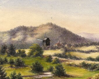 風景の中の風車 ドイツ 水彩画 19世紀中期 オリジナル - Etsy 日本