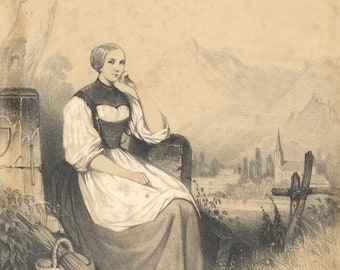 Théodore Valério, Seated Lady in a Swiss Landscape – 1842 lithograph print