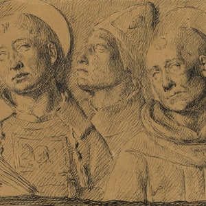 G. Cervelli, Portret potrójny, Święci w reliefie – rysunek piórem i tuszem z lat 10. XX w.
