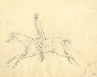 Gentleman Rider on Horse – Dessin original à la mine de plomb de 1845