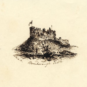 M.M.A.B., Bamburgh Castle – Originele pen- en inkttekening uit het midden van de 19e eeuw