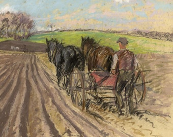 Alice Des Clayes ARCA Ploughman with Horses – 20th-century pastel drawing