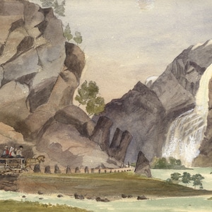 Pferd & Wagen, Vidfoss Wasserfall, Hildal, Norwegen – Aquarell aus dem 19.