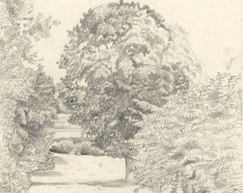 Estate View with Trees – Original mid-19th-century graphite drawing