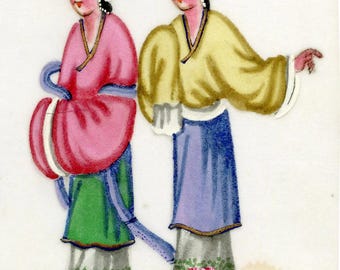 Pintura chinesa original do final do século XIX retratando mulheres da dinastia Qing sobre base de medula.