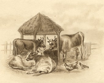 Agnes Kirk, Cows Feeding in Sepia – Original 1892 watercolour painting