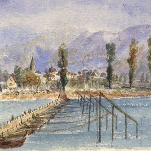 Cowan, Bootsbrücke, Rhein, Neuenburg -Aquarellmalerei des späten 19.