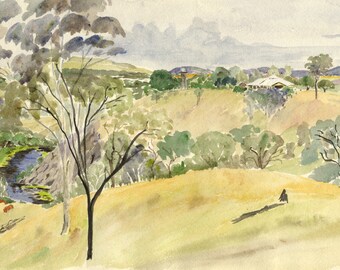 May include: A watercolour painting depicting a rural landscape with a winding river, trees, and a distant farmhouse. The scene is painted in shades of green, brown, and blue, with a light wash of yellow in the foreground.