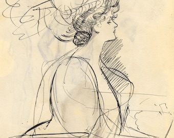 Dorothy B.M. Kerr, Edwardian Lady in a Merry Widow Hat –c.1902 pen & ink drawing