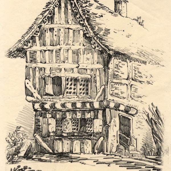 H.C.W., Half-timbered House Study – Original early 19th-century lithograph print