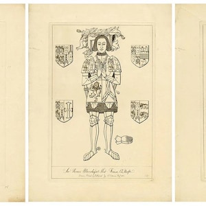 Puede incluir: Tres grabados antiguos sobre papel envejecido. Los grabados presentan ilustraciones detalladas de figuras históricas, escudos de armas e inscripciones. El grabado central representa una figura con armadura. Los grabados están enmarcados con finas líneas negras.