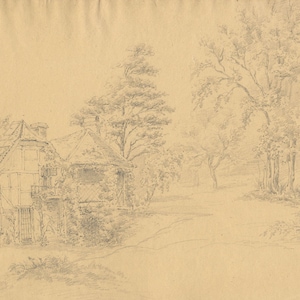 Puede incluir: Dibujo a lápiz de un paisaje rural con una casa, tejado a dos aguas y chimenea, rodeada de árboles. La obra de arte utiliza una paleta suave y apagada, destacando la luz y la sombra. La imagen crea una sensación de paz y tranquilidad.