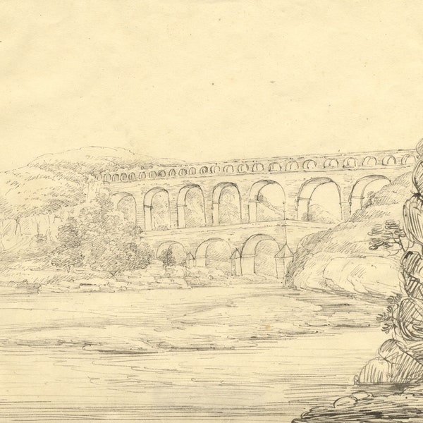 Pont du Gard, France - Dessin original du début du XIXe siècle à la plume et à l'encre