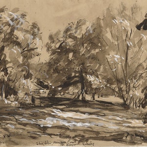 May include: A black and white ink drawing of a river scene with trees and a small building in the background. The text "The Weir, Hambrook Court, near Romford" is written at the bottom of the drawing.