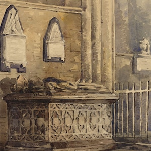 Pode incluir: Uma pintura em aquarela de um túmulo de pedra dentro de uma igreja. O túmulo é decorado com esculturas intrincadas e uma figura está deitada no topo. A pintura é datada de "Ripon Sept 1863."