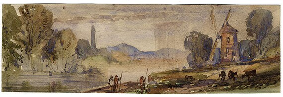 風車のある風景 水彩画 19世紀初頭 オリジナル - Etsy 日本