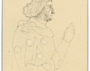 May include: Pencil sketch of a man in profile, wearing a cloak with decorative elements. The sketch includes the name "Philippe de Commynes" and the date "+1511". The word "Louvre" is written at the top.