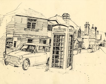 James Arnold Martin, High Street, Brasted, Kent – 1960s pen & ink drawing