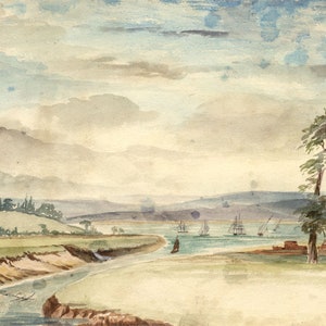 Naive School, Estuary View, Possibly Severn – 1850s watercolour painting