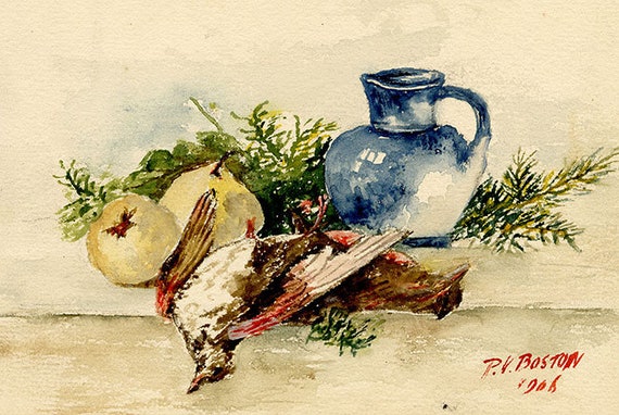 死んだ鳥の静物画 水彩画 1906年 P.V. ボストン オリジナル - Etsy 日本