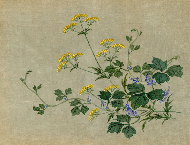Japanese Yellow Ominaeshi Flower Meiji period late C19th painting on silk image 2