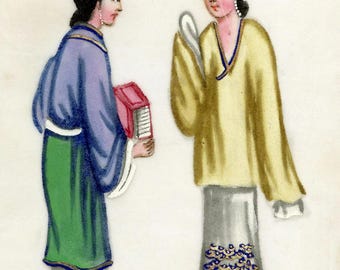 Pintura chinesa original do final do século XIX retratando mulheres da dinastia Qing sobre base de medula.