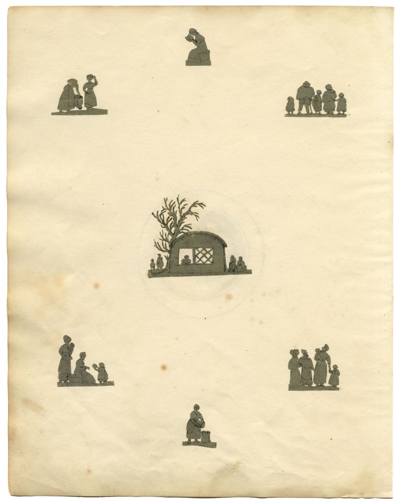 Sheet of Miniature Victorian Cut Paper Silhouettes, Handpainted, c.1830 image 2