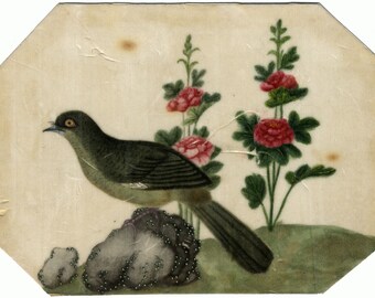 Antique 19th-century Chinese Pith Painting – Bird on Rock with Flowers