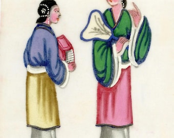 Pintura chinesa original do final do século XIX retratando mulheres da dinastia Qing sobre base de medula.