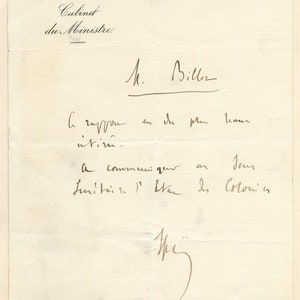 Carta manuscrita y firmada de Jules Ferry, primer ministro francés, década de 1880