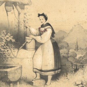 Théodore Valerio, Young Lady at Water Well, Basel, Switzerland – 1841 lithograph