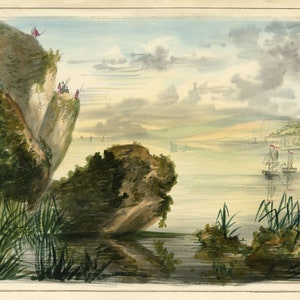 Coastal View in India with Spearsmen – early 19th-century watercolour painting