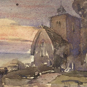 Coastal Church at Sunset – Miniature early 19th-century watercolour painting