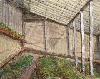 E. Venis, Greenhouse Interior, Hastings – late 19th-century watercolour painting