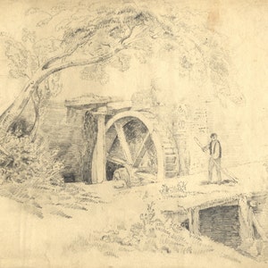 A.M. Yorke, Watermill with Figure – Original 1821 graphite drawing