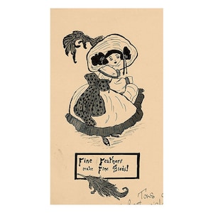 Caricatura Art Déco 'Las finas plumas hacen bellos pájaros': dibujo con pluma y tinta de los años 20