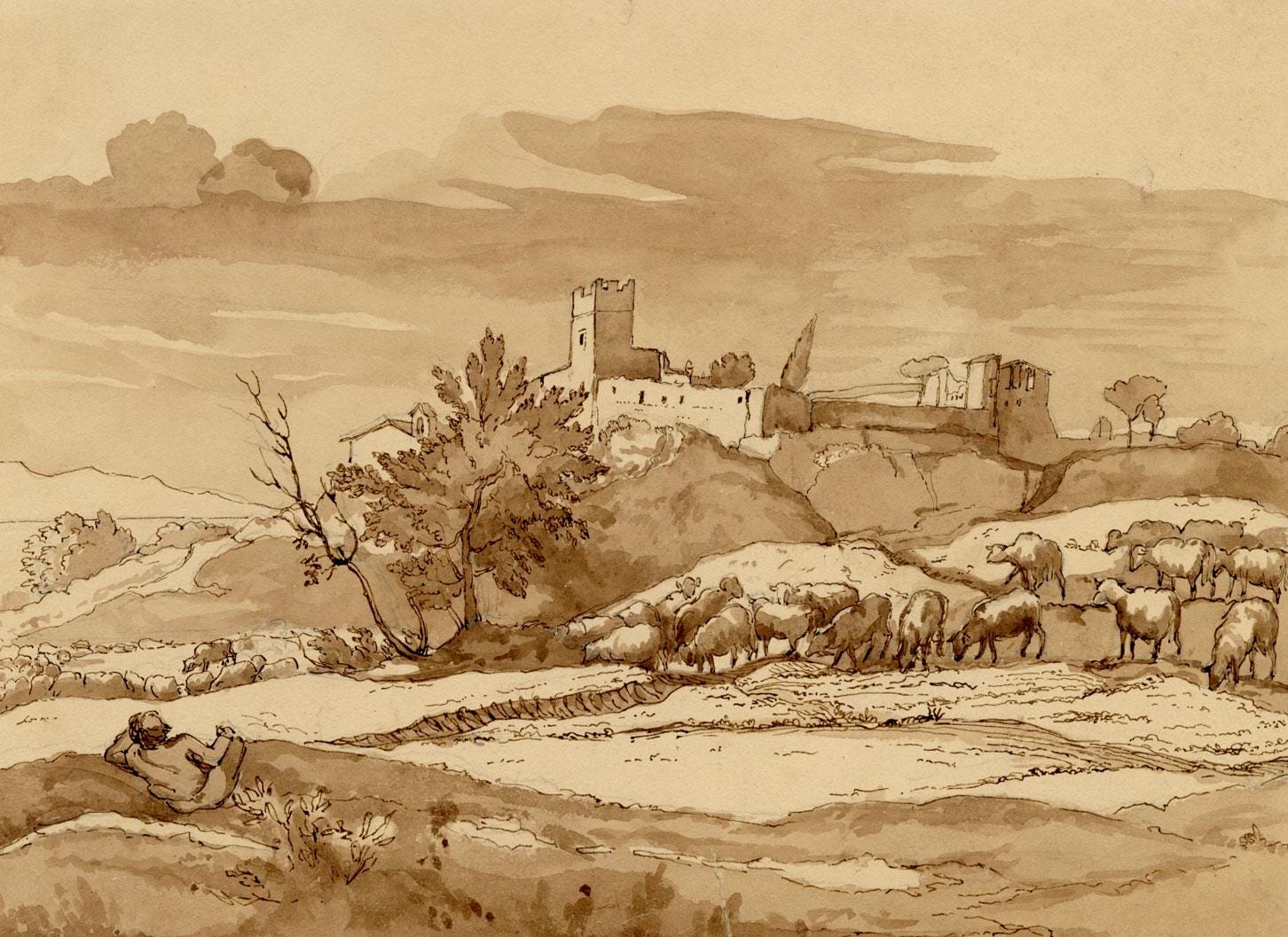 クロード・ロランの水彩画を模したアルカディアの風景画 1840年代