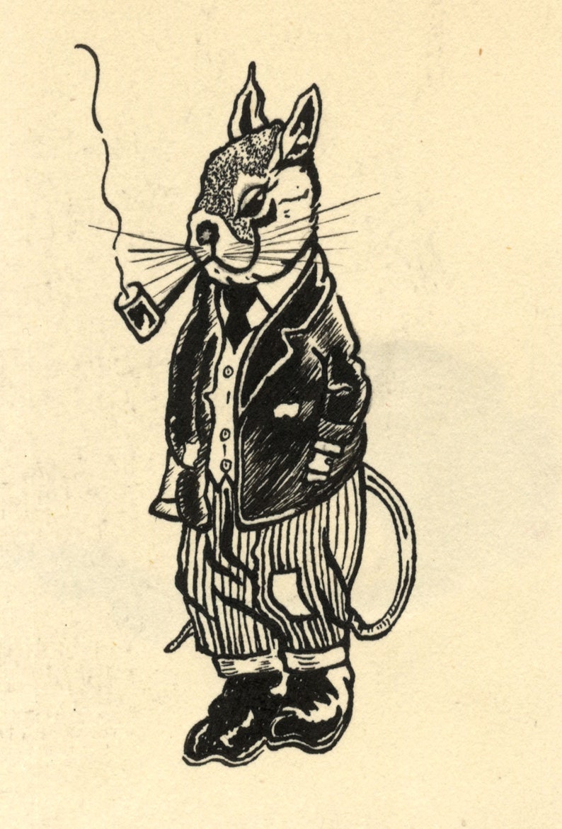 Smoking Mouse Anthropomorphic Cartoon Original 1940s pen & ink drawing image 2
