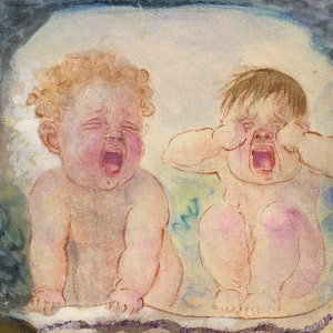 G. Cervelli, Caricatura satírica de bebés llorando - pintura de acuarela de la década de 1910