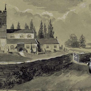 Puede incluir: Una pintura de acuarela en tonos sepia de una iglesia con un alto campanario y ventanas arqueadas. Dos figuras caminan por un camino cerca de un muro de piedra y una puerta. Árboles y un cielo nublado completan la escena rural.