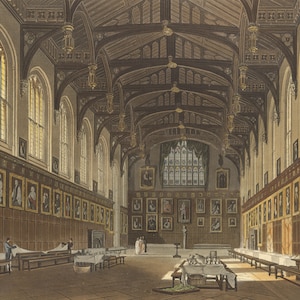 Interior of Christchurch Hall, Oxford – early C19th hand-coloured engraving