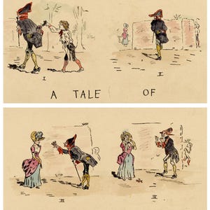 Op de afbeelding: Een vintage illustratie in vier panelen getiteld "A Tale of a Pinch of Snuff". De panelen tonen figuren in 18e-eeuwse kleding, met tekst onder elk paneel. Het kunstwerk gebruikt gedempte tonen met rode, zwarte en gele accenten.