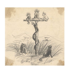 May include: A black and white pencil drawing of a snake wrapped around a tree trunk. Three monkeys are sitting on a branch at the top of the tree. Two monkeys are sitting on the ground below the tree.