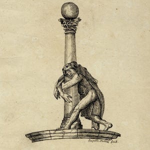Puede incluir: Un grabado detallado en blanco y negro representa una figura apoyada contra una columna alta coronada por una esfera. La figura está parcialmente cubierta y parece estar luchando. La obra de arte está sobre papel envejecido.